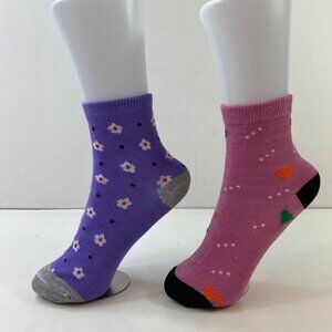 Womens Crew Socks Set 2 Daisies Hearts Dots Print Pink Purple Black Gray